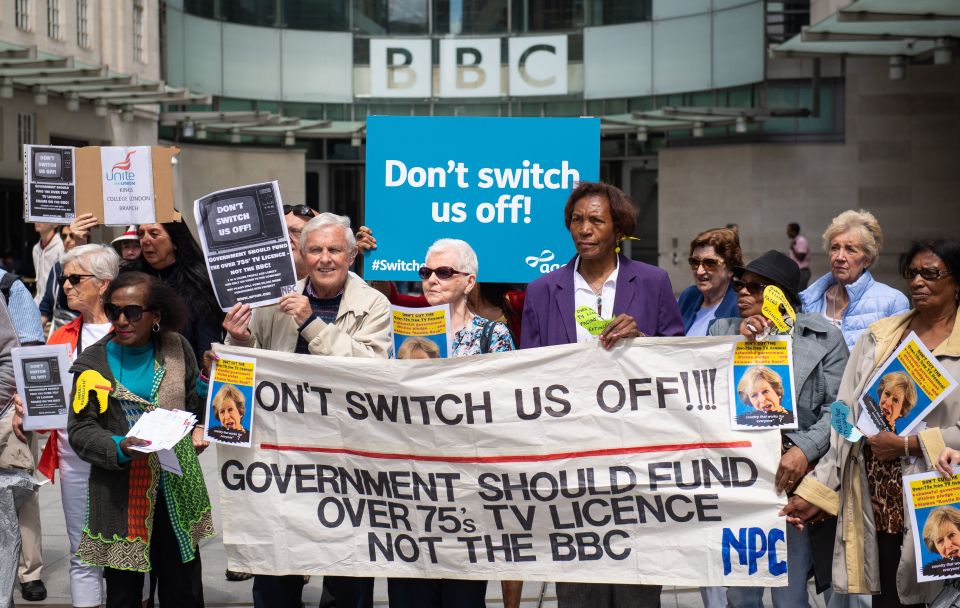 Campaigners protest against the licence fee outside the BBC's Broadcasting House in London