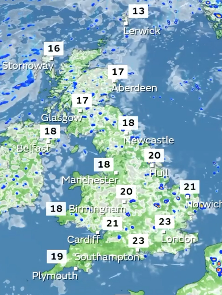 Monday afternoon will be cooler with highs of 23C in London