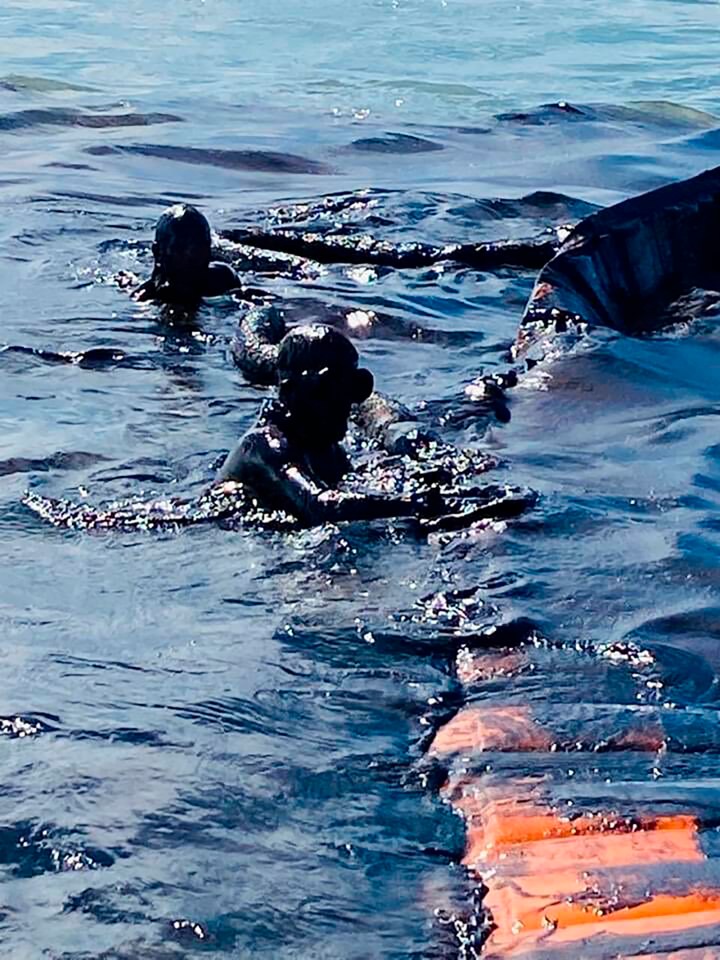 Divers using a containment boom to help contain oil leaking from the ship