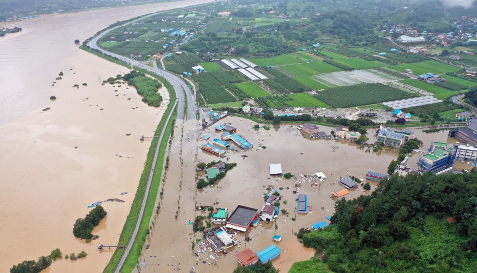 A  village is submerged after the Seomjin River burst its banks