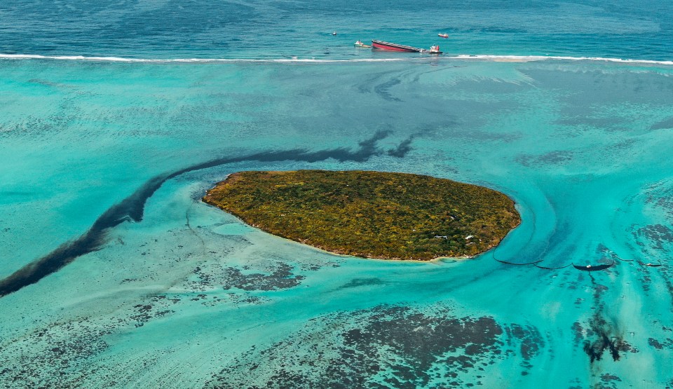 The MV Wakashio's hull split after it hit a coral reef in the Indian Ocean on July 25