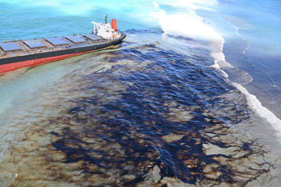 Oil can be seen leaching from the grounded vessel near Mauritius