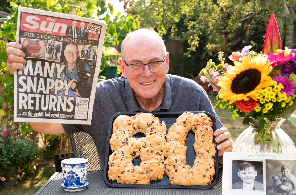 The Sun’s Arthur Edwards celebrates his 80th birthday with a personalised cake and his own front cover of the paper, headlined ‘Many Snappy Returns’