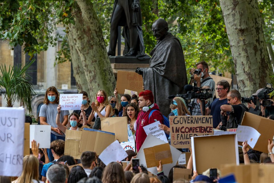 A pupil addresses protesters in Parliament Square