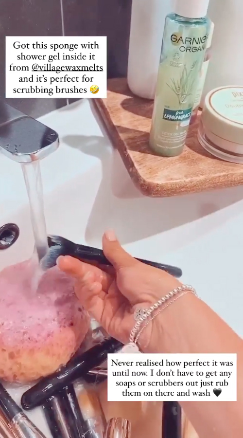 She uses an exfoliating sponge designed for your body, but says it's perfect for her brushes