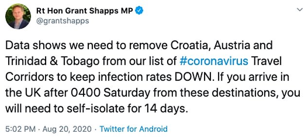 Transport secretary Grant Shapps MP warned holidaymakers on Twitter