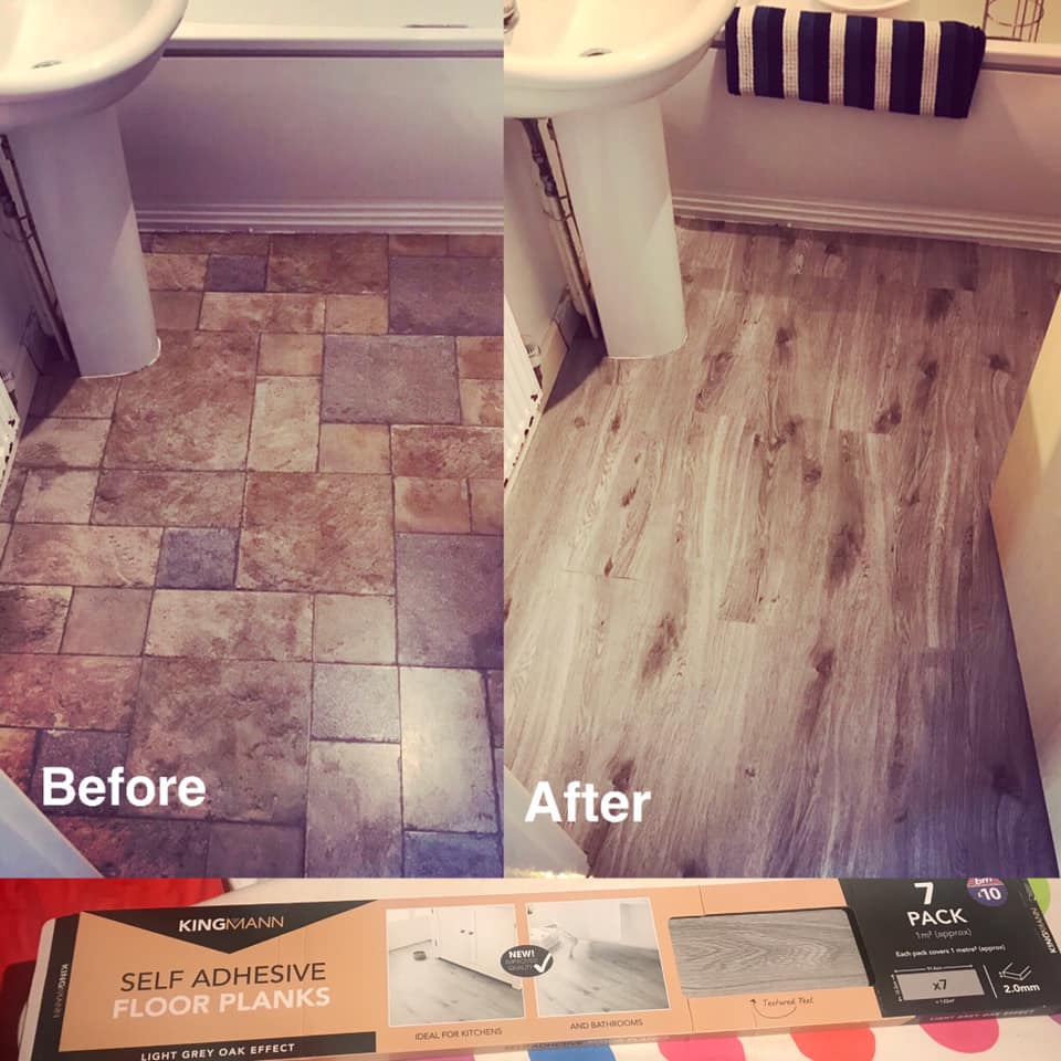 One woman completely transformed her bathroom using self adhesive floor planks