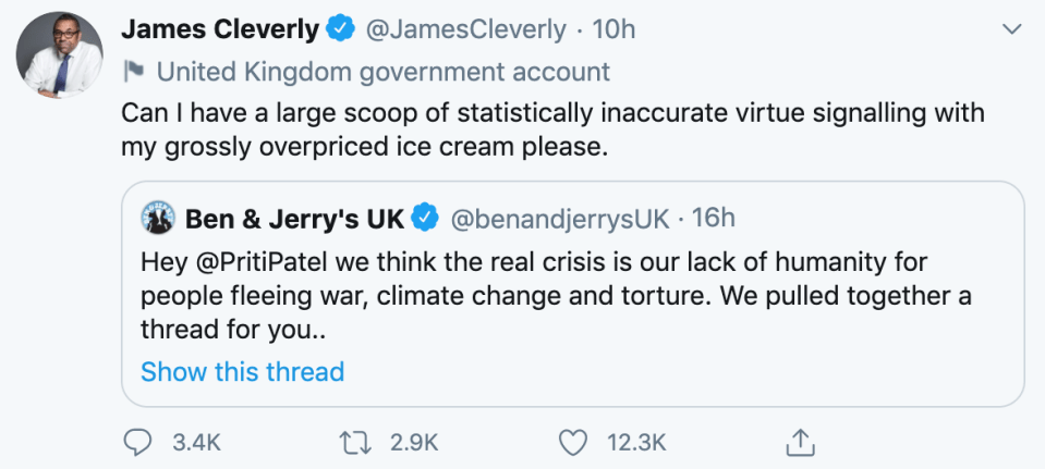 MP James Cleverly accused Ben & Jerry’s of “virtue signalling”