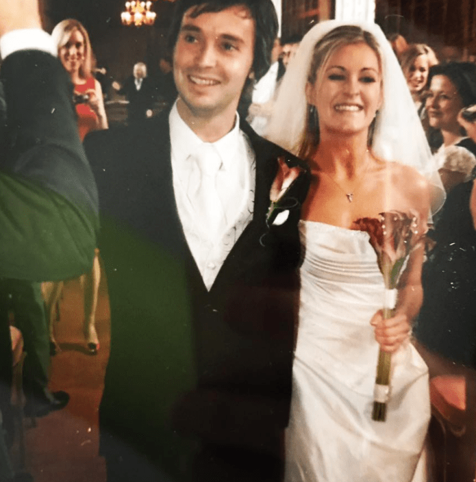 Dan and Caroline are pictured above on their wedding day