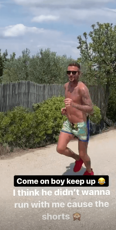 David Beckham worked up a sweat in the sun as he went for a topless run with his son Romeo