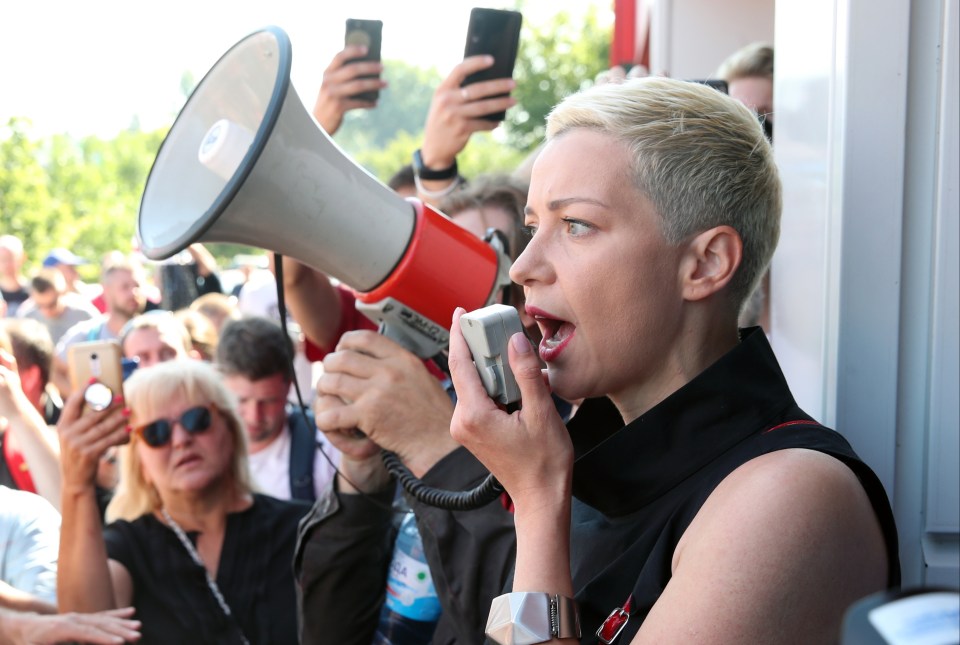 Opposition representative Maria Kolesnikova speaks with a megaphone