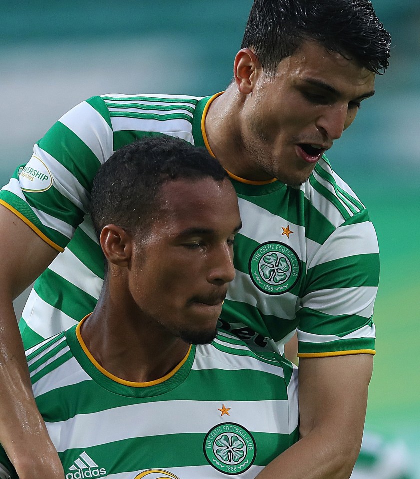 Two-goal Norwegian Mohamed Elyounoussi celebrates with fellow Celtic scorer Chris Jullien as Reykjavik are hammered 6-0