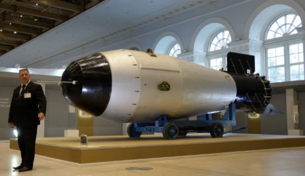 A mock-up of a the Tsar Bomba is displayed at an exhibition in Moscow