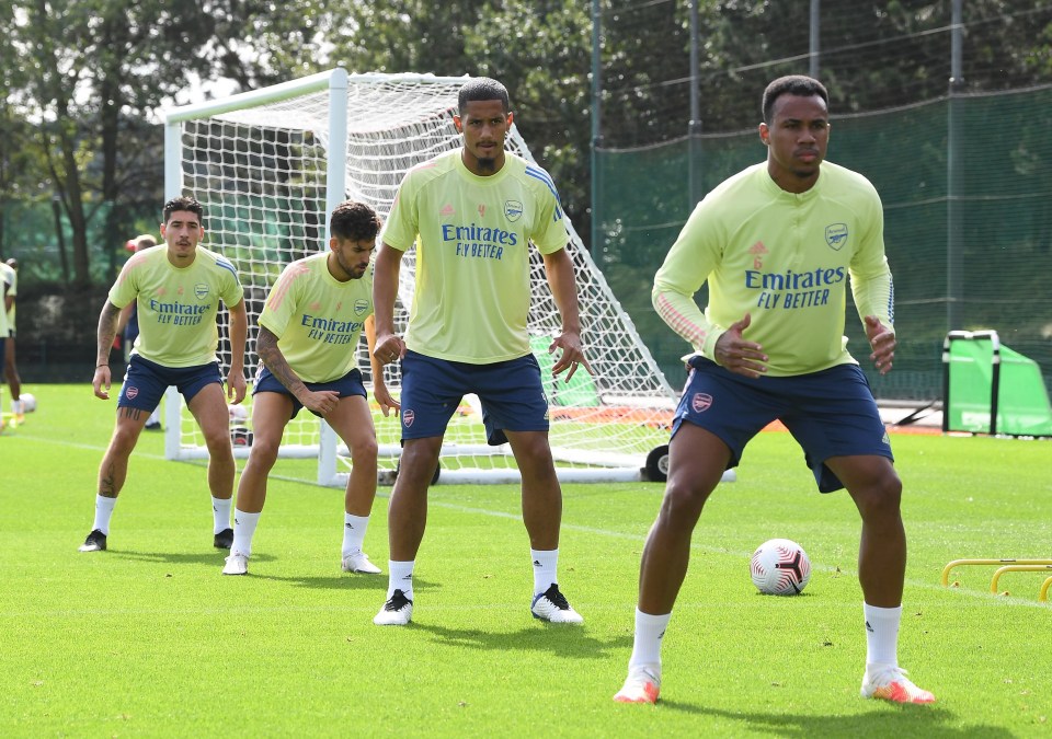 Gabriel (right) and William Saliba (centre, right) were paired up in training under Mikel Arteta