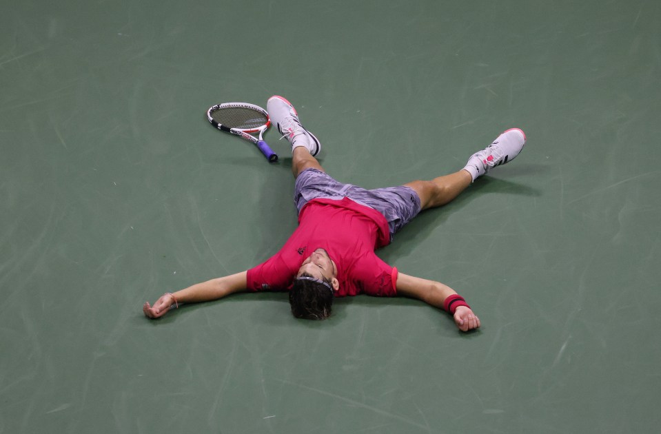 An exhausted Thiem collapsed to the court in joy after his comeback