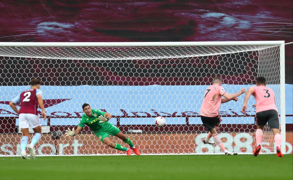 Emiliano Martinez made a flying save from John Lundstram's penalty on his Aston Villa debut