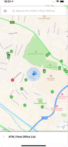 The icons in green show the free cash machines nearby