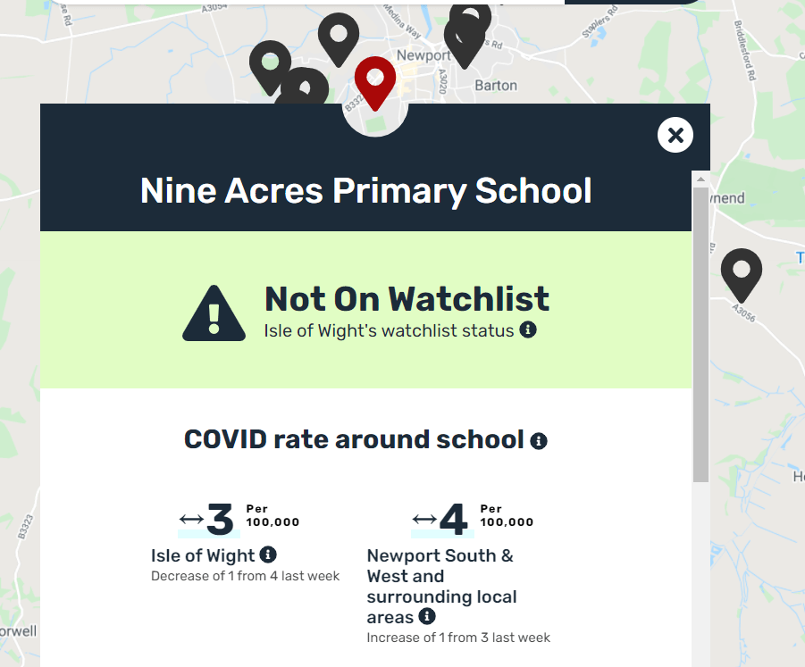 The interactive map shows that schools on the Isle of Wight - which has one of the lowest rates in the country - are "not on the watchlist".