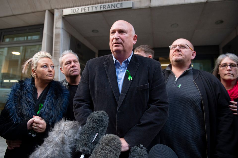 Charlotte Charles, stepfather Bruce Charles, family spokesman Radd Seiger, father Tim Dunn and stepmother Tracey Dunn outside the Ministry Of Justice in London 