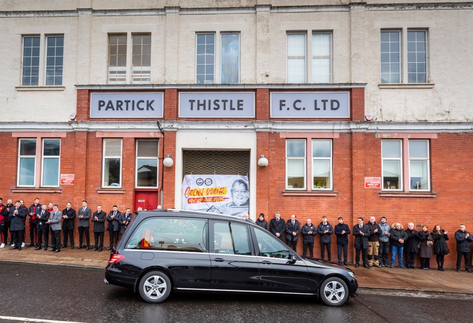 The hearse carrying Colin’s body stops outside Firhill stadium, the ground belonging to his beloved Partick Thistle football club 