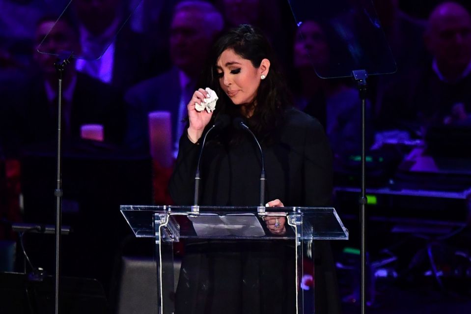 Vanessa wipes away tears as she speaks during the 'Celebration of Life for Kobe and Gianna Bryant' service in Downtown Los Angeles in February