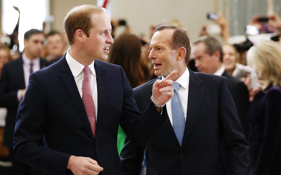 Tony Abbott, pictured with Prince William, hit back at critics of his envoy role representing the UK on the Board of Trade