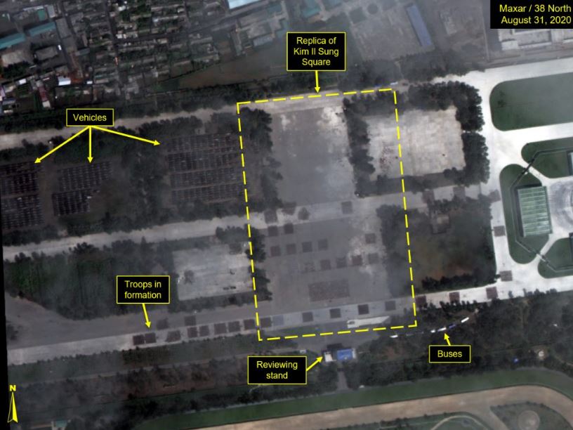 Satellite images show formations of troops and vehicles at the Mirim Parade Training Ground