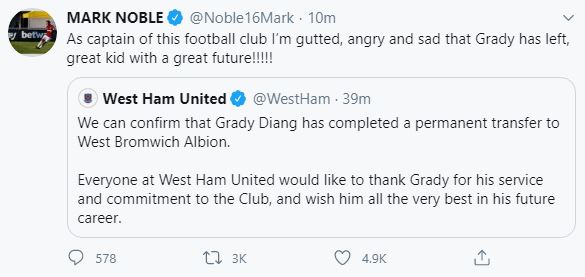 Mark Noble made his thoughts clear on the club's transfer dealings