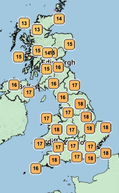 Most of the country is set for warm temperatures on Monday afternoon with highs of 18C in the south of England