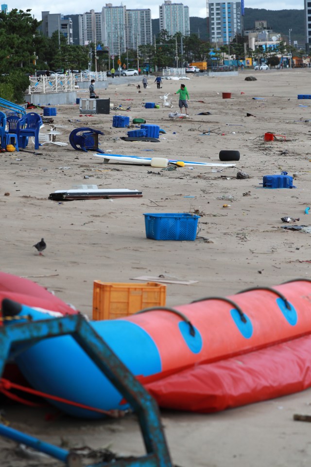 Songjeong Beach in Busan is left in a mess after Typhoon Haishen hit the area, South Korea