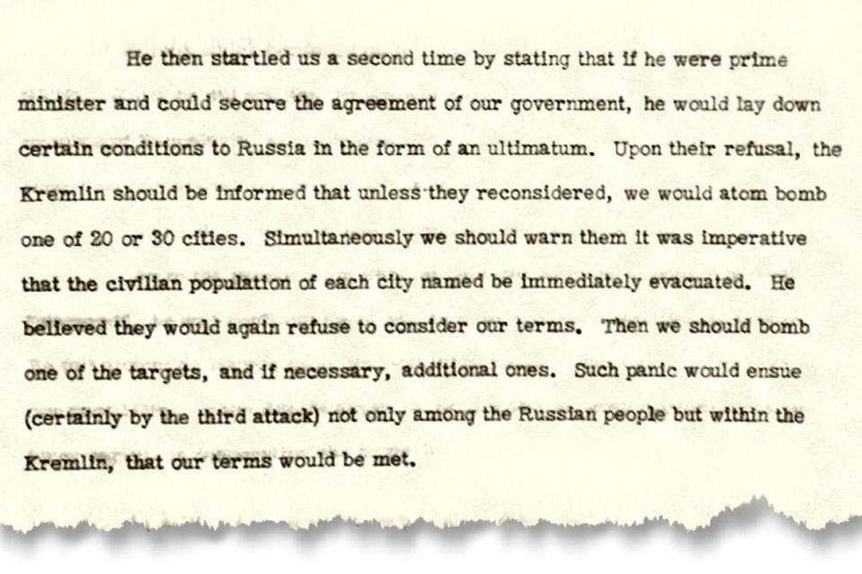 New York Times general manager Julius Ochs Adler described Churchill's atom bomb plans in this memorandum he wrote following their meeting in 1951