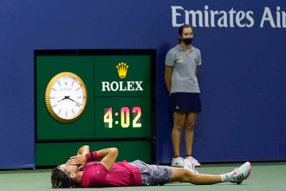 Thiem collapsed to the court after his marathon comeback win over Zverev