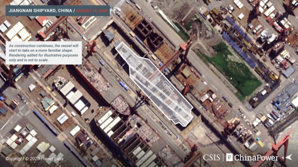 The aircraft carrier is being built at the Jiangnan shipyard 