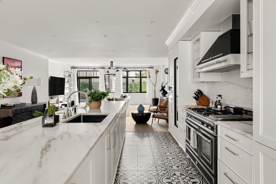 The cooking area also includes modern fixtures by LeFroy Brooks.