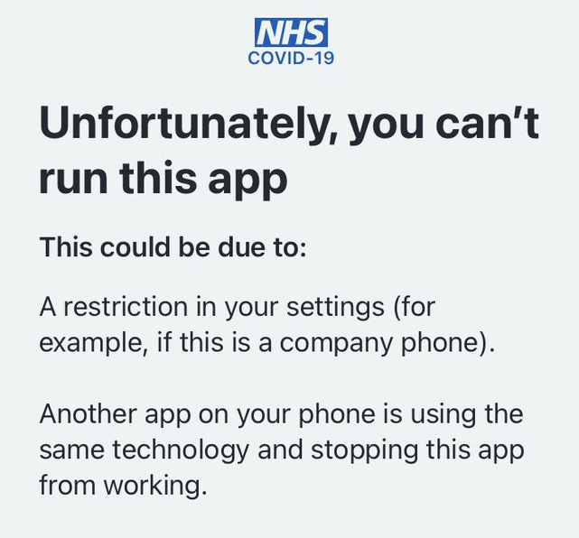 The error message met by those trying to download the new NHS Test and Trace app on iPhones 6 or older