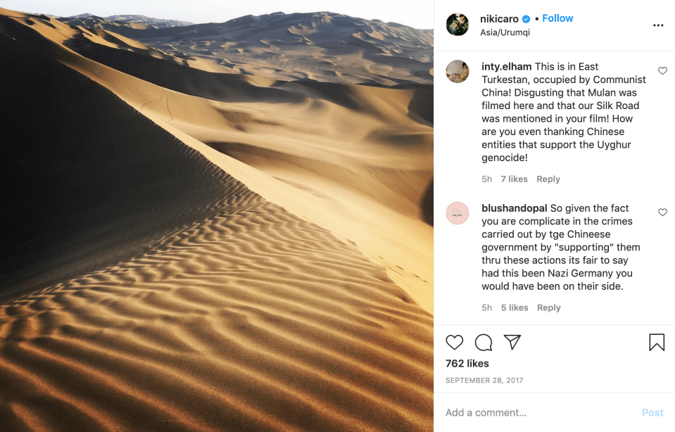 Furious fans took to the director's Instagram page saying it is "disgusting that Mulan was filmed here ... how are you even thanking Chinese entities that support the Uyghur genocide"