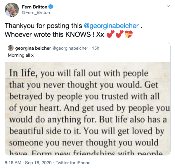 Fern retweeted a heartfelt quote about life on Twitter on Wednesday