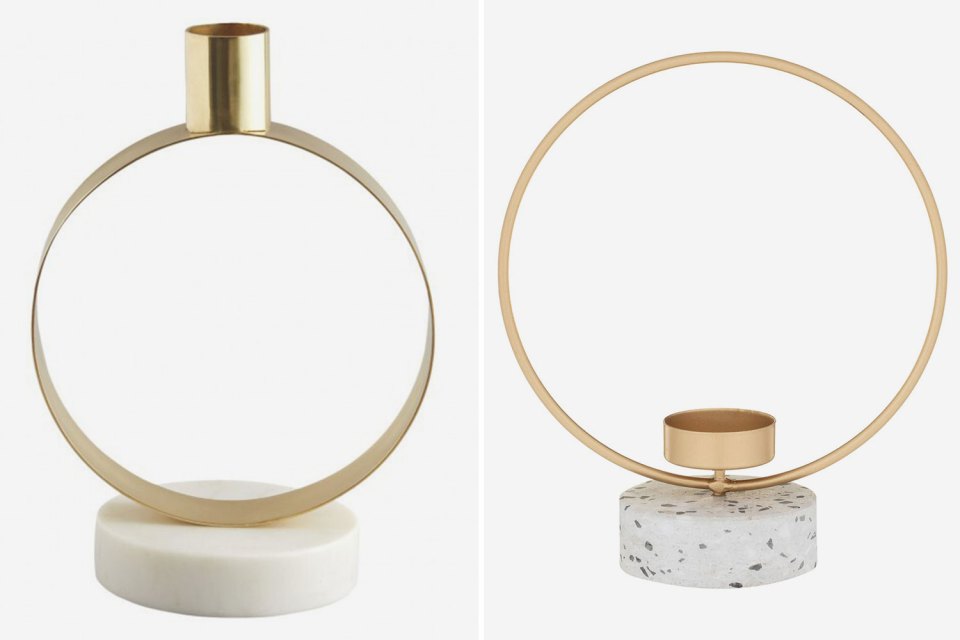 The Marsden white marble dinner candle holder (left) comes in at £18.75, meanwhile B&M's Gold terrazzo tealight holder is only £3