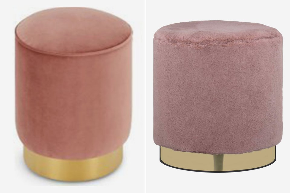 Save £69 by opting for B&M's faux fur footstool (right, £30) instead of Made.com's Hetherington pink velvet pouffe