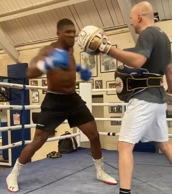 The heavyweight champ then connects with a left hook