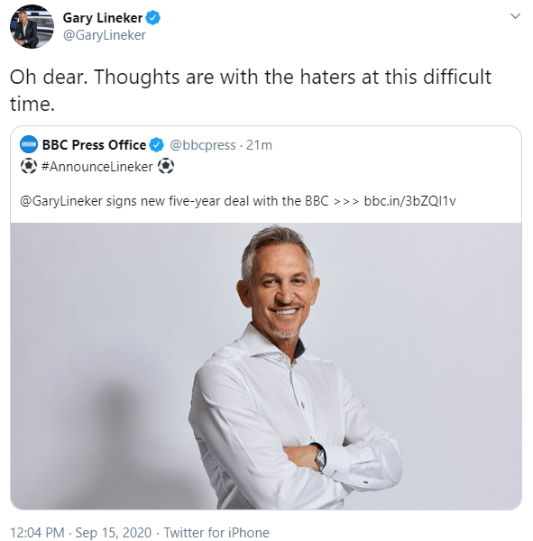 Gary Lineker tweeted about his new contract deal this afternoon