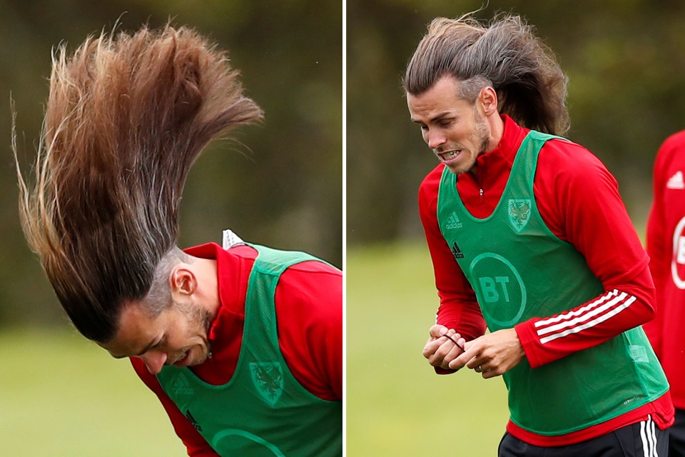 Gareth Bale shows off his long hair while in training with Wales