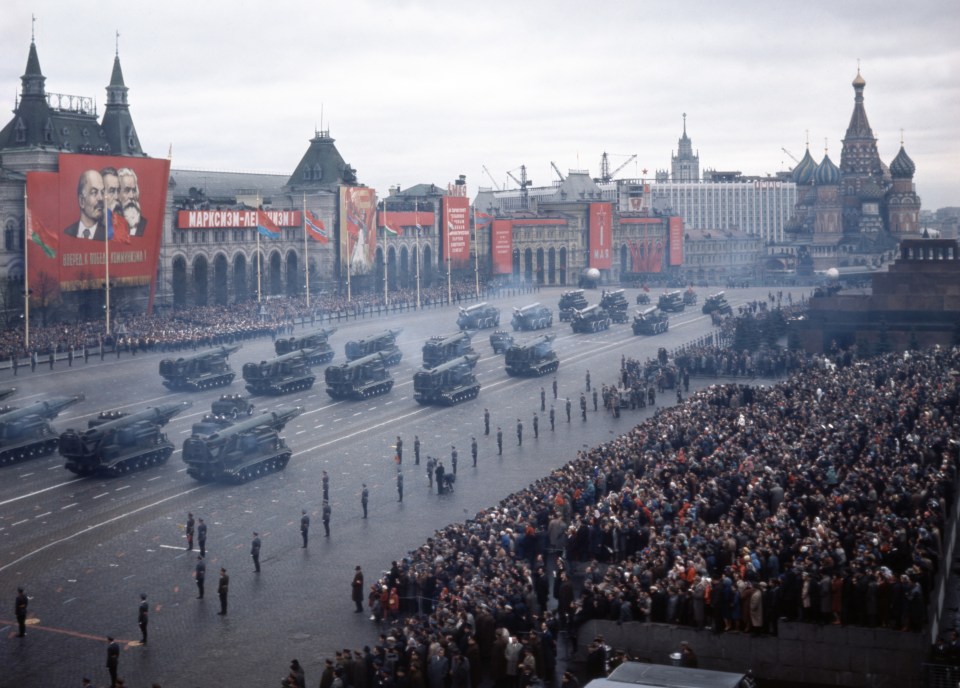 Missile launchers being paraded through Moscow in 1986 - lots of Soviet military hardware was sold on the black market after the collapse of the USSR at the end of the decade