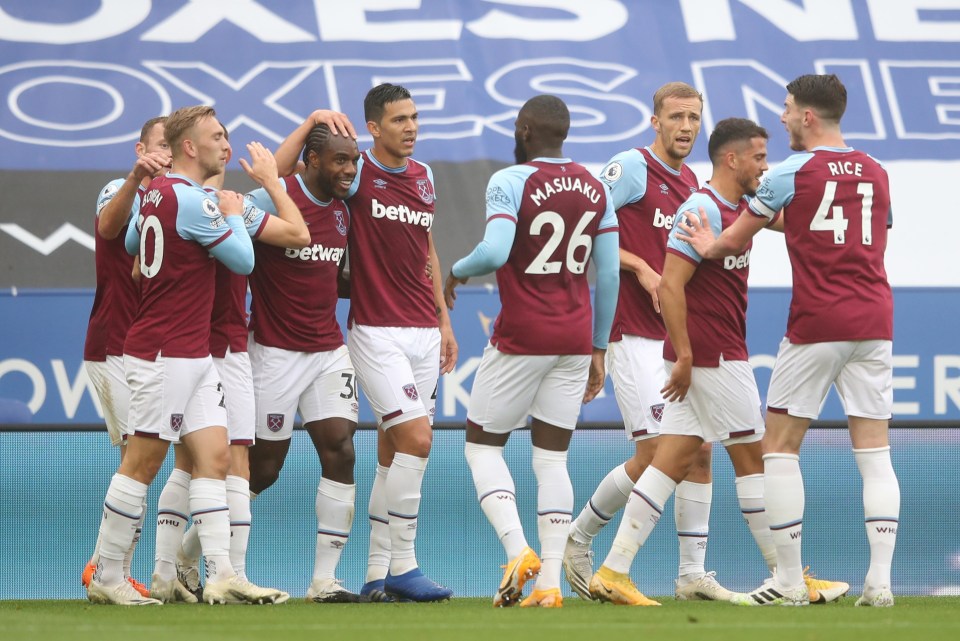 Antonio is mobbed after scoring his tenth goal in his last 11 games