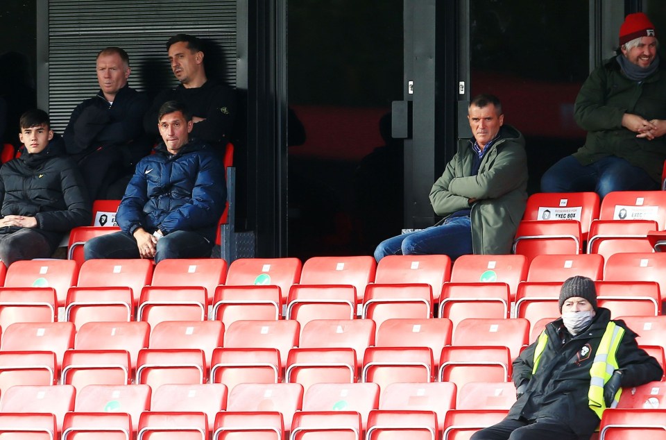 Roy Keane sat apart from Gary Neville and Paul Scholes as they watched Salford's draw with Tranmere