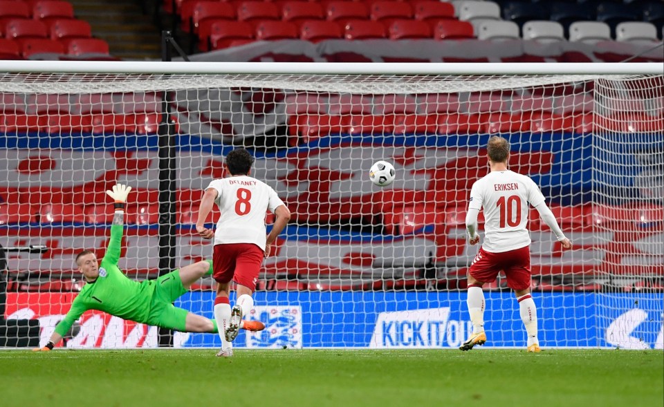 Former Spurs star Eriksen coolly fired home the penalty on his return to Wembley