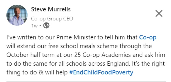 The Co-op is also giving its Academy children £20 each over half term to help pay for food.