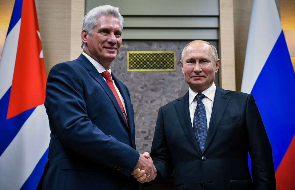 Cuban President Miguel Diaz-Canel shakes hands with Vladimir Putin