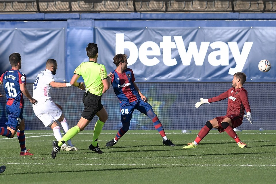 Karim Benzema scores in Real Madrid’s 2-0 win over Levante on Sunday