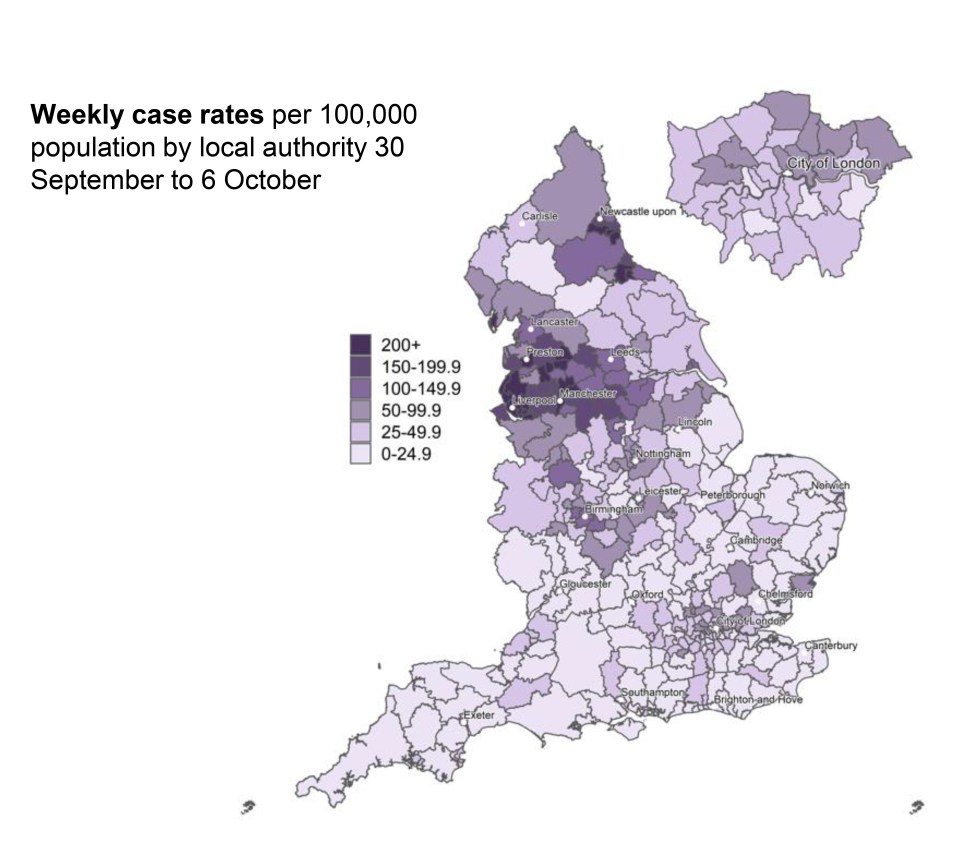 This map shows the weekly case rates per 100,000 people between September 30 and October 6